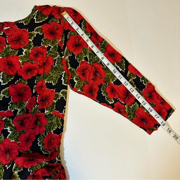 Vtg 80s Caroline Wells Peplum Rayon Dress Red Floral - Picture 6 of 9